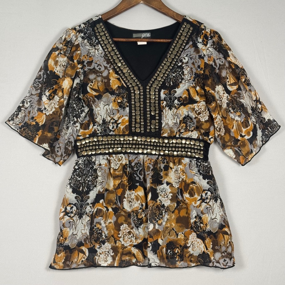J.T.B. Blouse Women Brown Floral Y2K Studded Boho Indie Sleaze Excellent